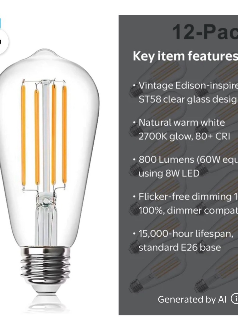 Clear Vintage Edison-Style LED Bulb (Warm White) 2 - packs of 6 bulbs